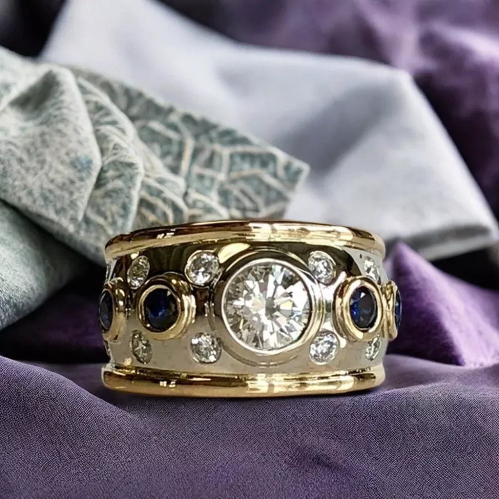 Bague vintage épaisse plaquée or 18K avec incrustation de zirconium